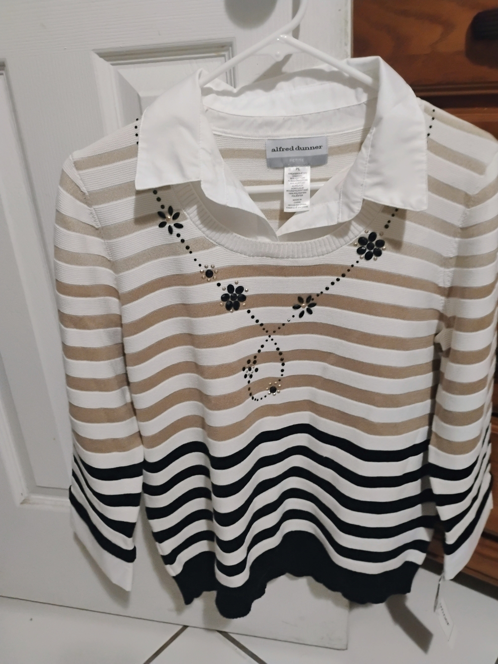 Alfred Dunner Beige, White and Black Striped Sweater with Floral Accent